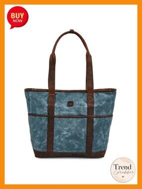 Large Waxed Canvas & Leather Tote Bag for Work with iPad Pocket